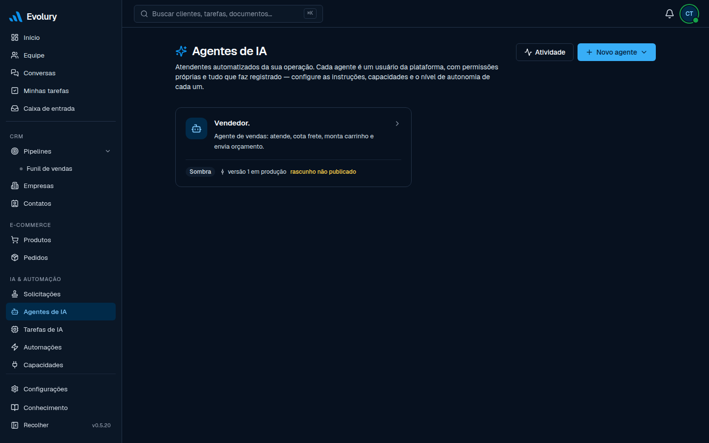 Agentes de IA da Evolury — atendente automatizado com nível de autonomia