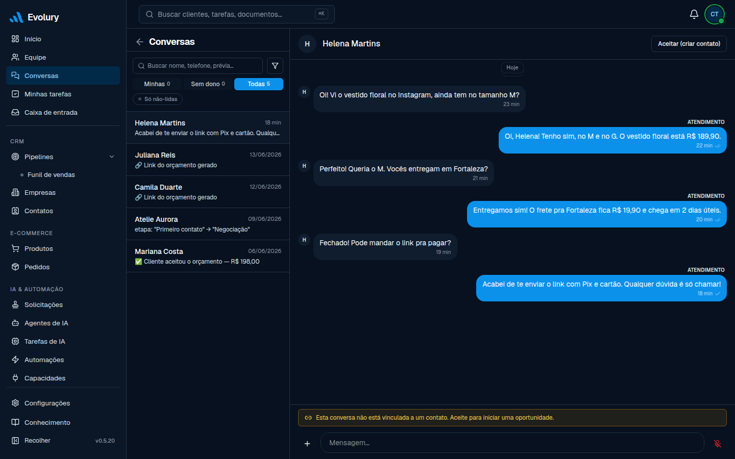 Atendimento no WhatsApp pela Evolury — conversa com o cliente