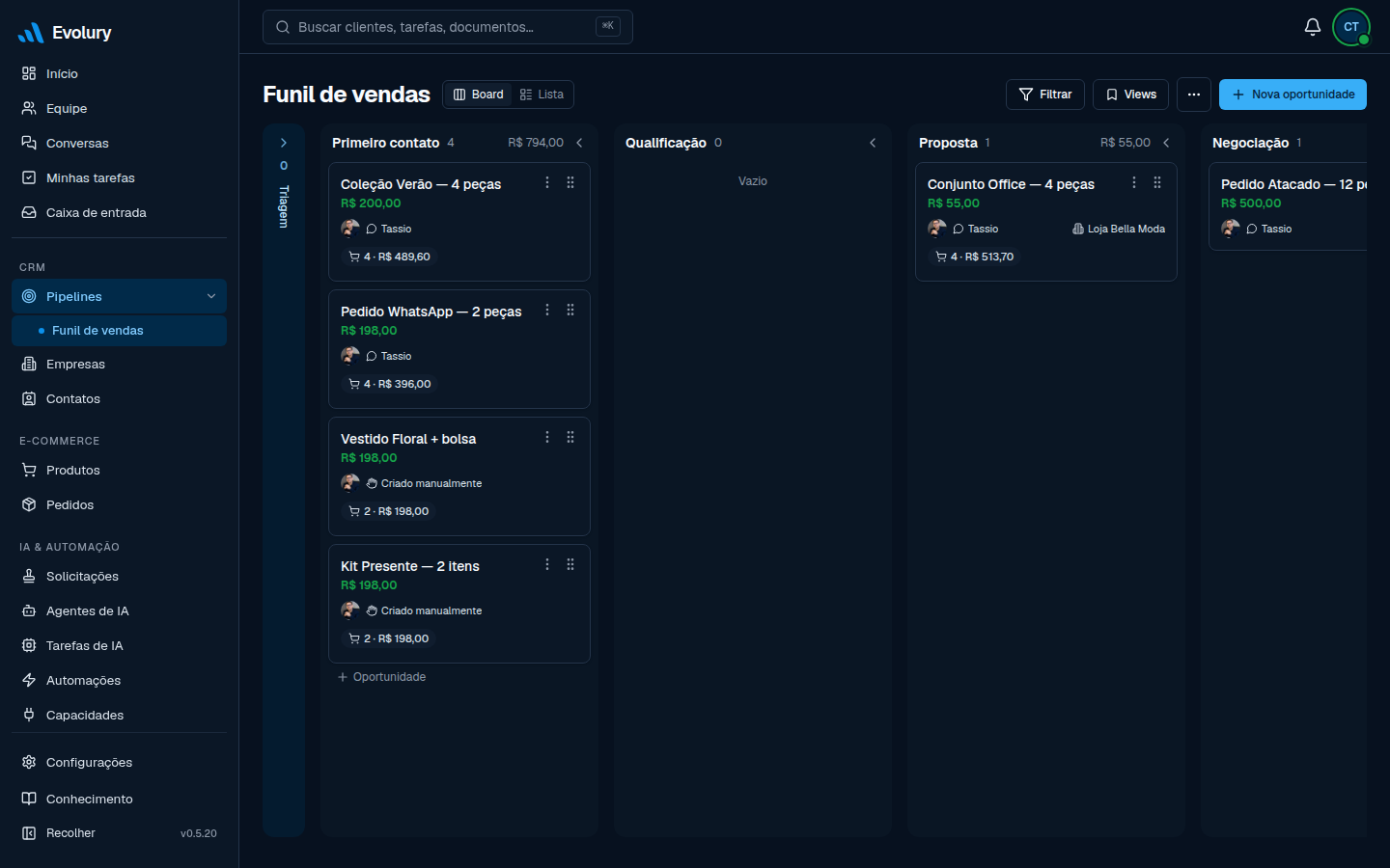 Funil de vendas da Evolury — oportunidades organizadas por etapa